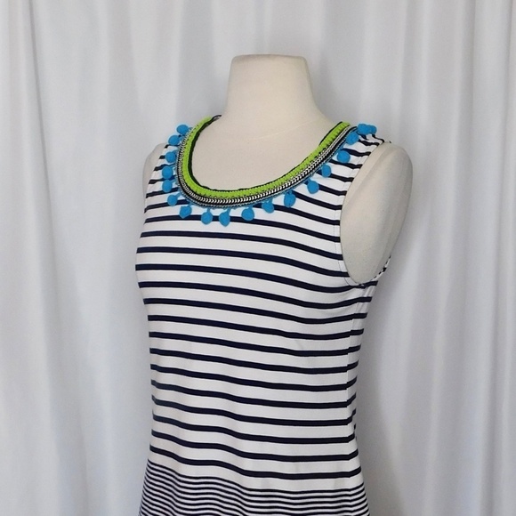 Anthropologie ONE SEPTEMBER Striped Tank Top Pom Poms Navy White Boho Small - Picture 7 of 13